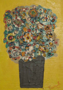 "Flowers, Brown Vase and Yellow Background" Frederick Tasch 